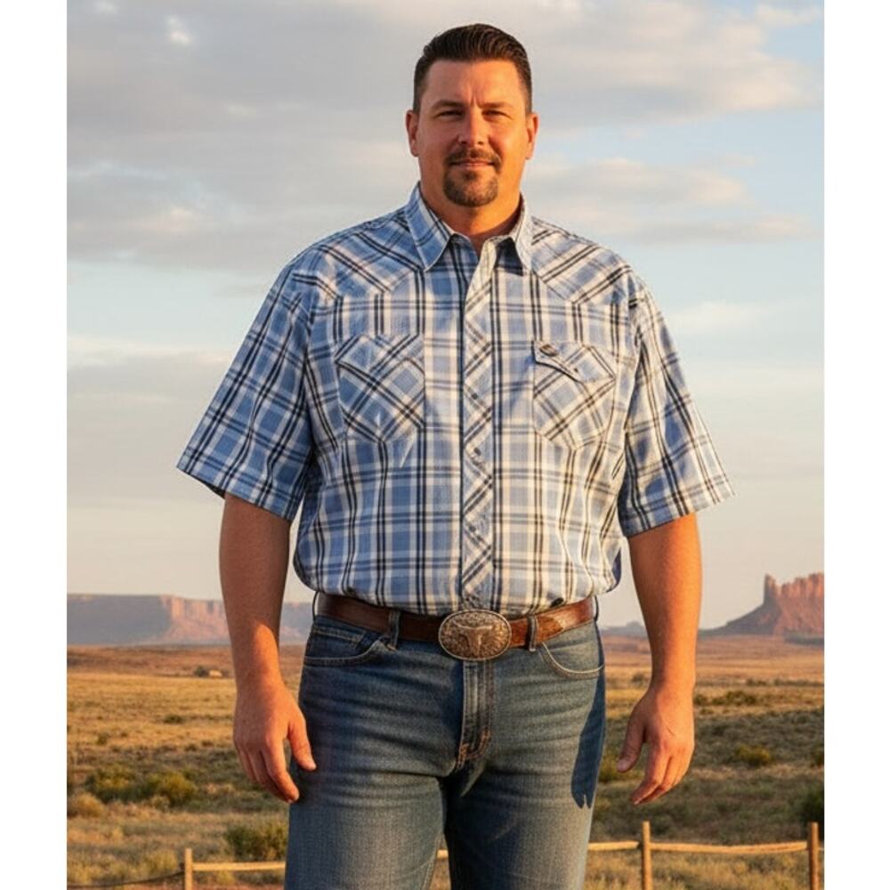 Wrangler Men's XXL Blue/ White Plaid Western Cowboy Pearl Snap Front Shirt